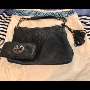 Tory Burch black Thea slouchy tote and wallet